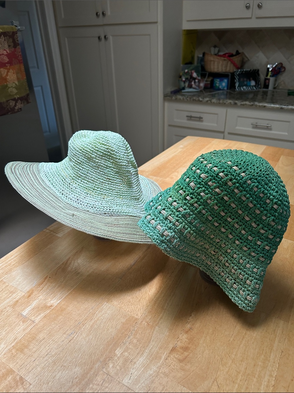 Vintage 1970’s Set of 2-Green Crochet Sun Hat Lightweight & Beach Bucket Hat